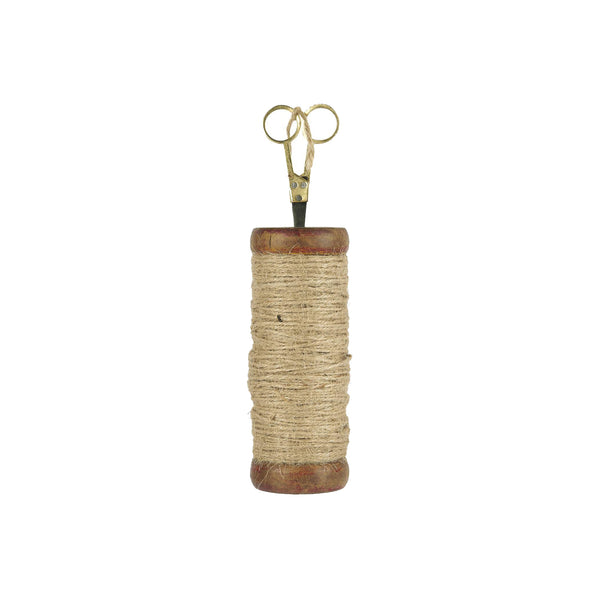 Tall Wooden spool with string and scissors