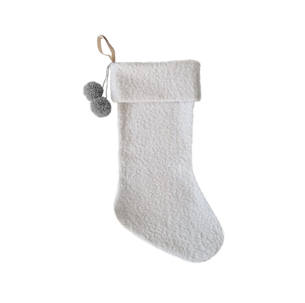 Bouclé Stocking with Grey Pom Poms